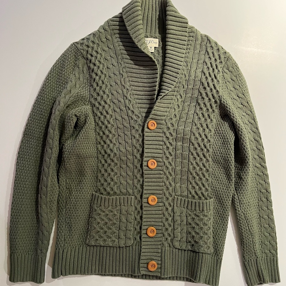 J Crew Olive Green Shawl Collar Cardigan